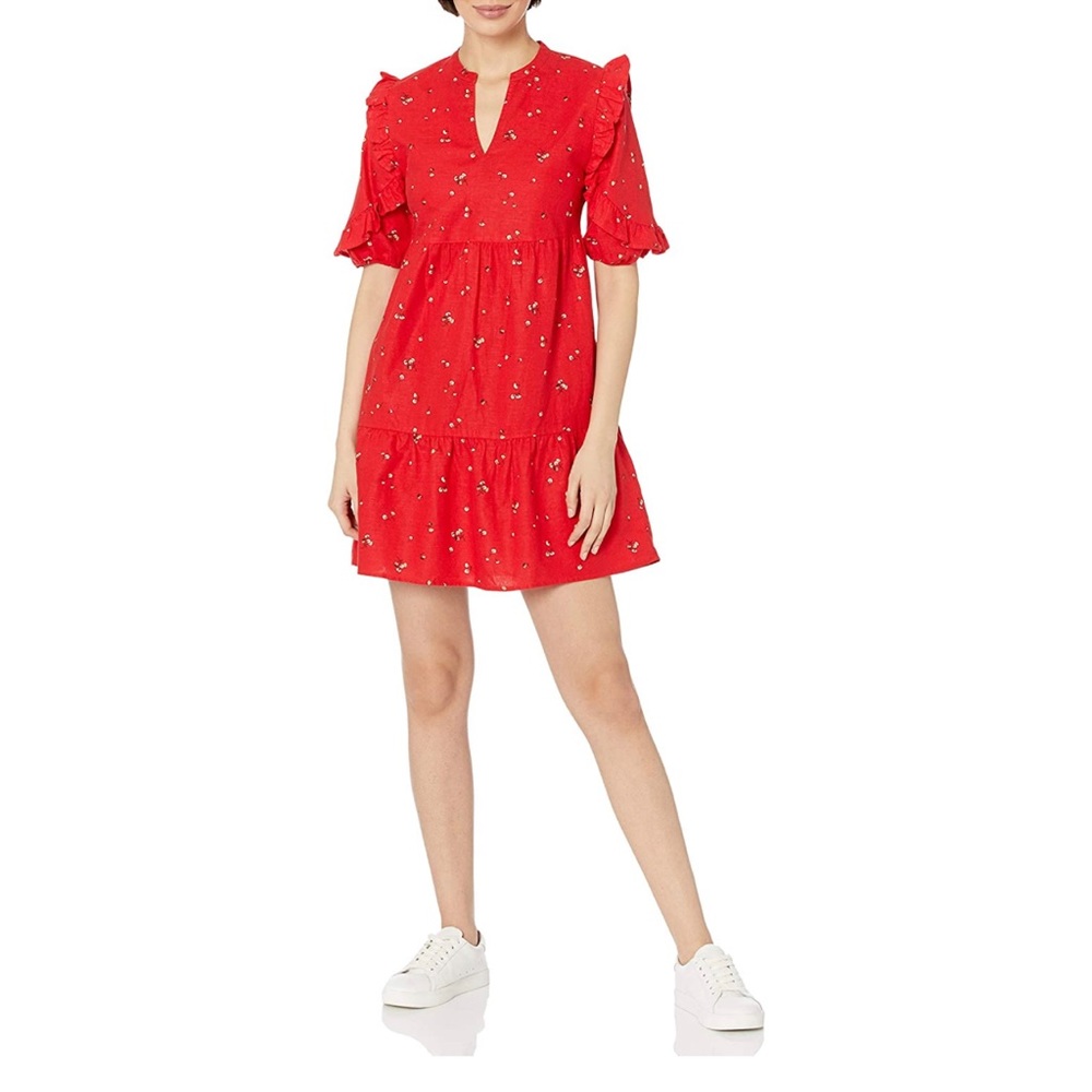 Goodthreads Women's Washed Linen Elbow Sleeve Split Neck Tiered Dress